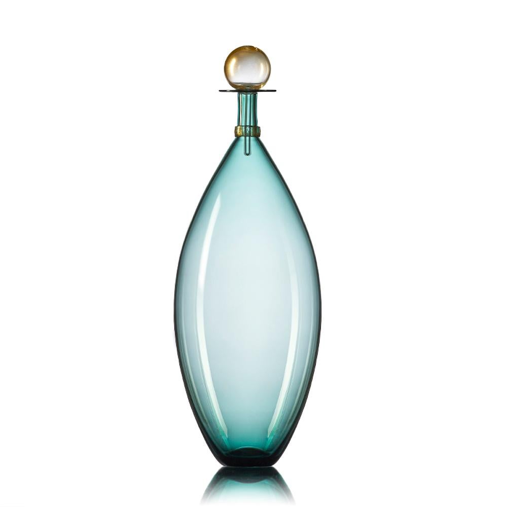 Set of 5 contemporary hand blown glass bottles in an array of smoky colorful forms inspired by geometric decanters of Mid-Century Modern design. Coordinated neck-wrap and blown glass stopper finish each decanter with luminous gold-leaf. Offered in a