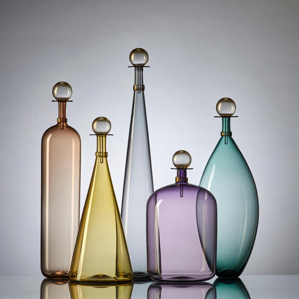 Hand-Crafted Group of 5 Modernist Hand Blown Glass Bottle Vases in Smoky Colors by Vetro Vero For Sale
