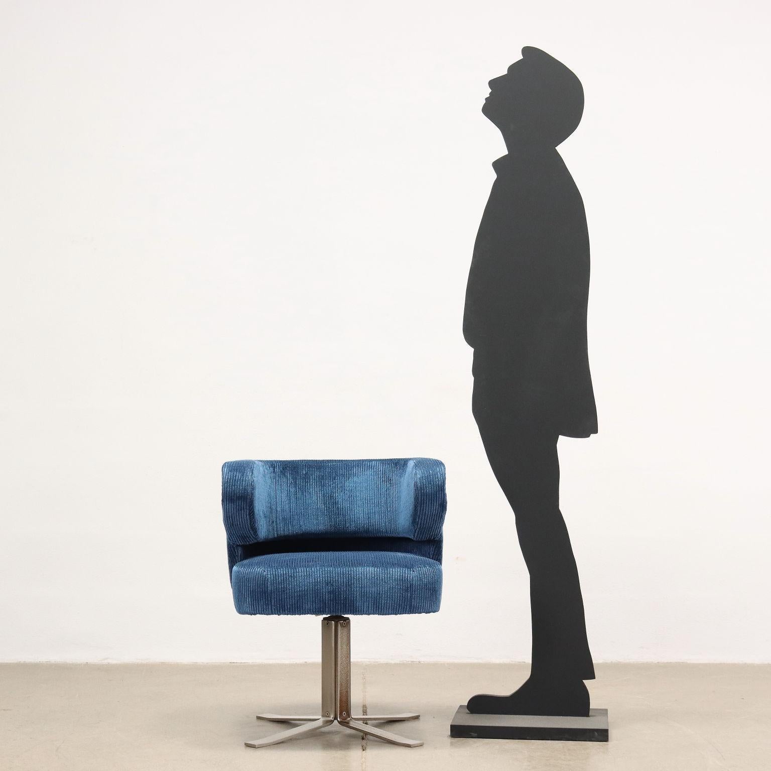 Set of six 'Poney' model swivel armchairs with chromed metal base, foam padding and velvet upholstery.