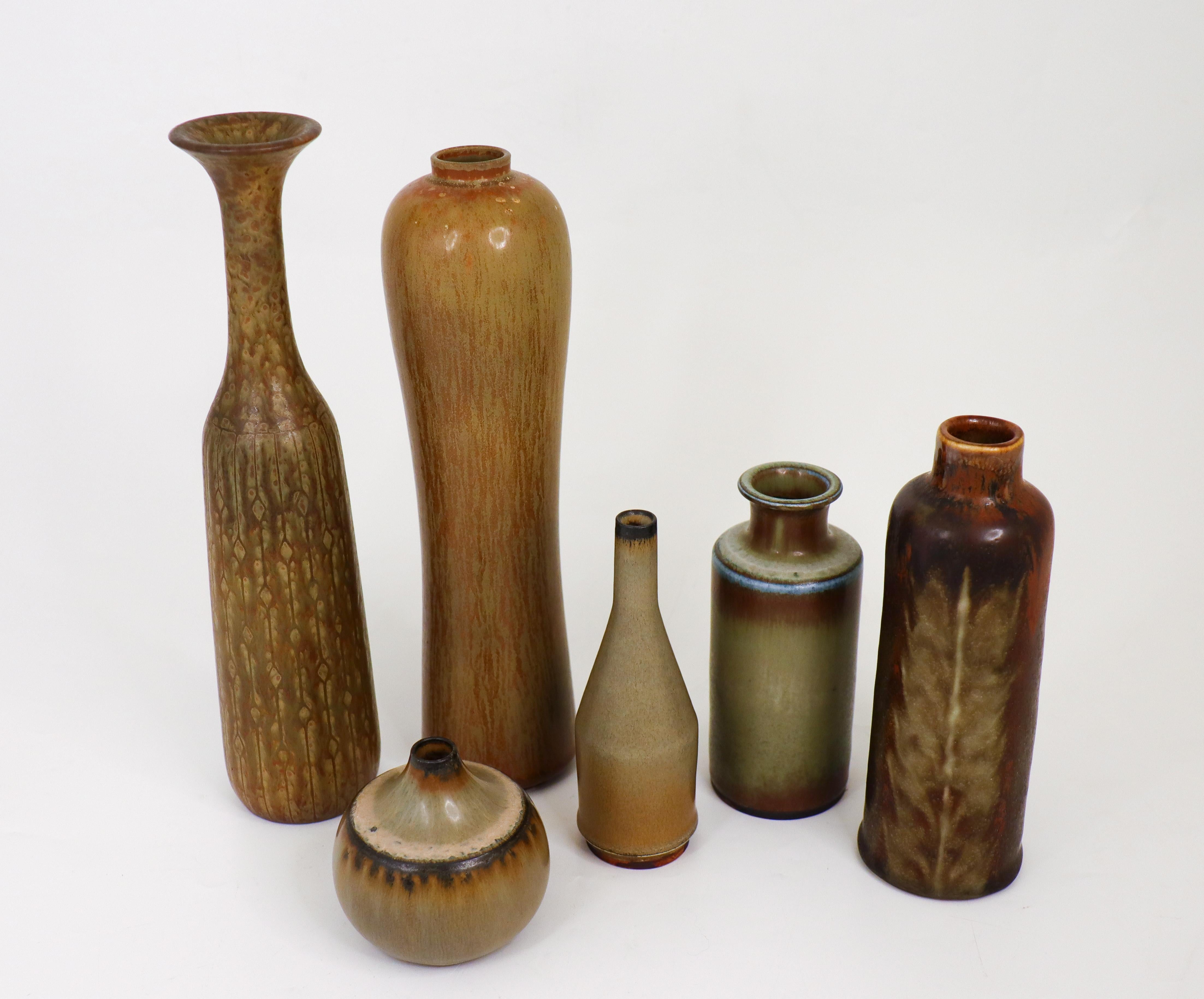 Glazed Group of 6 Brown Vases Ceramics, Rörstrand - Gunnar Nylund & Carl-Harry Stålhane For Sale