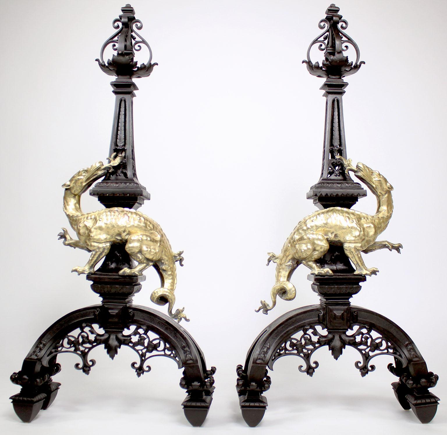 A Group of Six Franco/Dutch 19th/20th Century Japonisme Style Gilt and Ebonized Bronze and Gilt-Bronze Figural Chenets (Andirons), Gilt-Bronze Figural Fire-Tools and Metal Fire-Screen. The tall orientalist flavor chenets, each surmounted with a