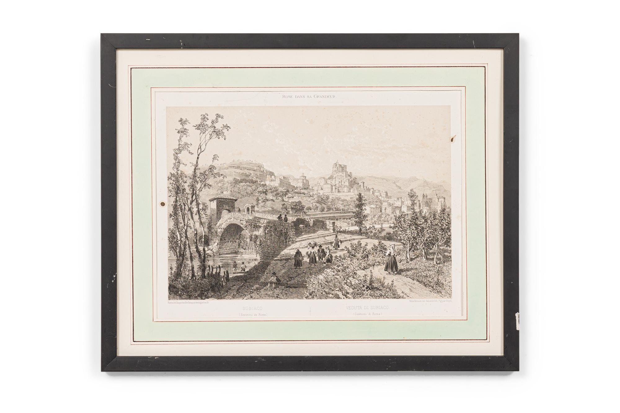 SET di 6 incisioni neoclassiche italiane (19/20° secolo) in celidonia e bianco opaco raffiguranti paesaggi ed edifici architettonici classici in cornici nere (PREZZO COME SET)