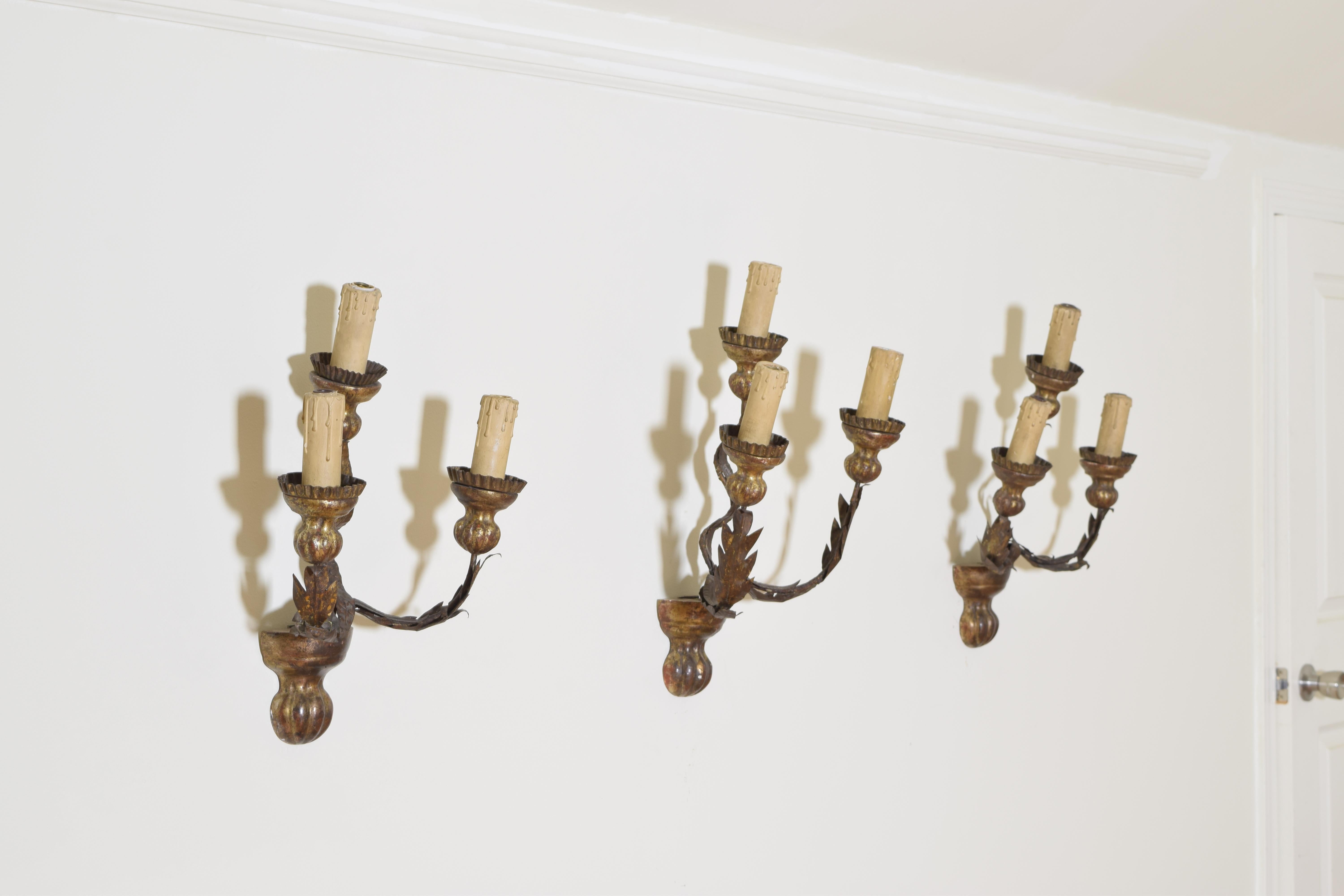 Neoclassical Group of 4 Italian Giltwood, Iron, and Metal 3-Arm Wall Sconces