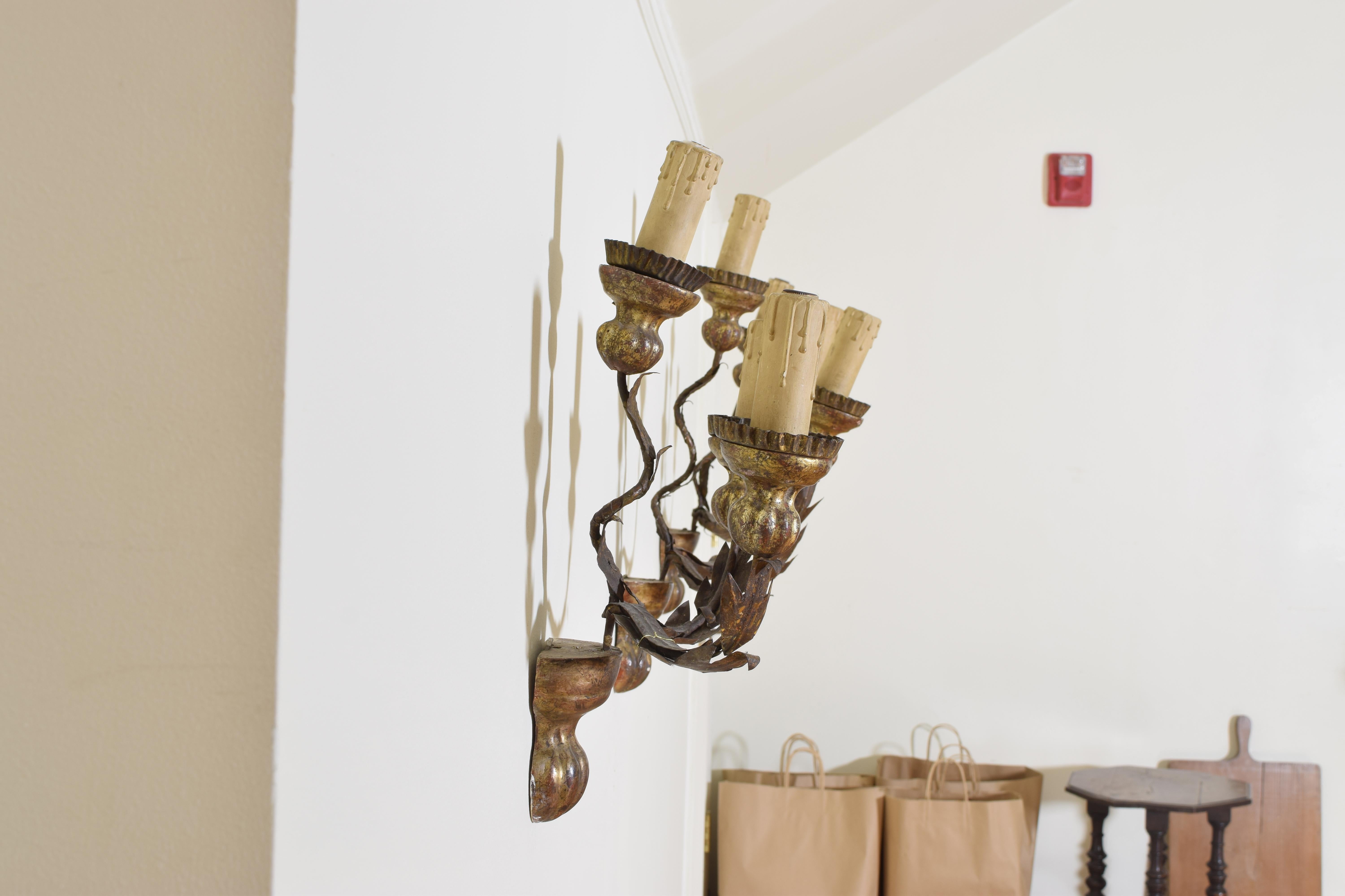 Group of 4 Italian Giltwood, Iron, and Metal 3-Arm Wall Sconces In Good Condition In Atlanta, GA
