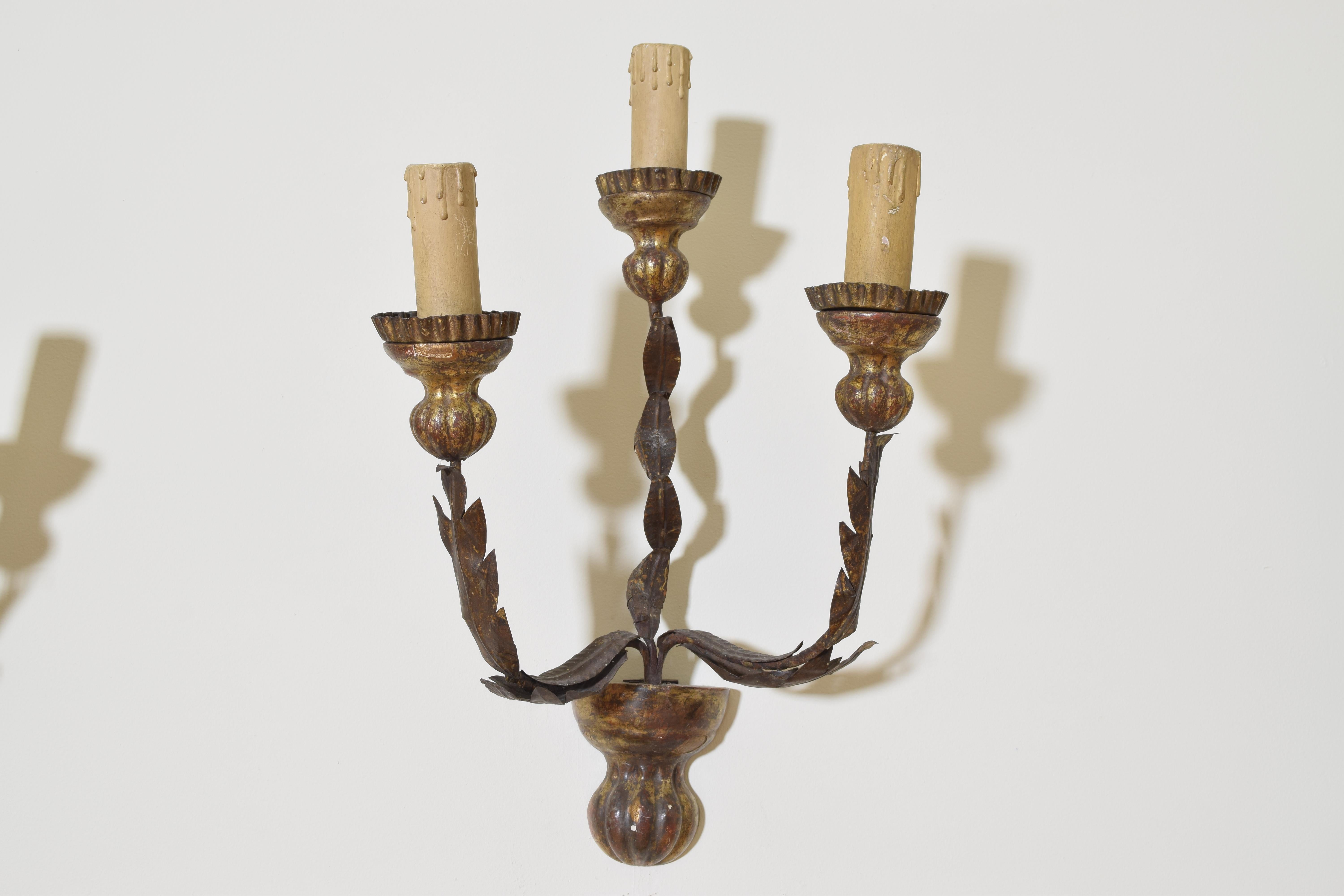 Early 19th Century Group of 4 Italian Giltwood, Iron, and Metal 3-Arm Wall Sconces