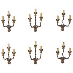 Group of 4 Italian Giltwood, Iron, and Metal 3-Arm Wall Sconces