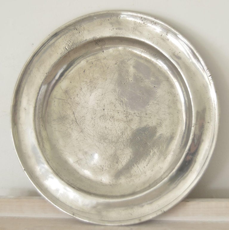 Group of 6 Large Antique Polished Pewter Chargers, 18th C. 16.5 inches