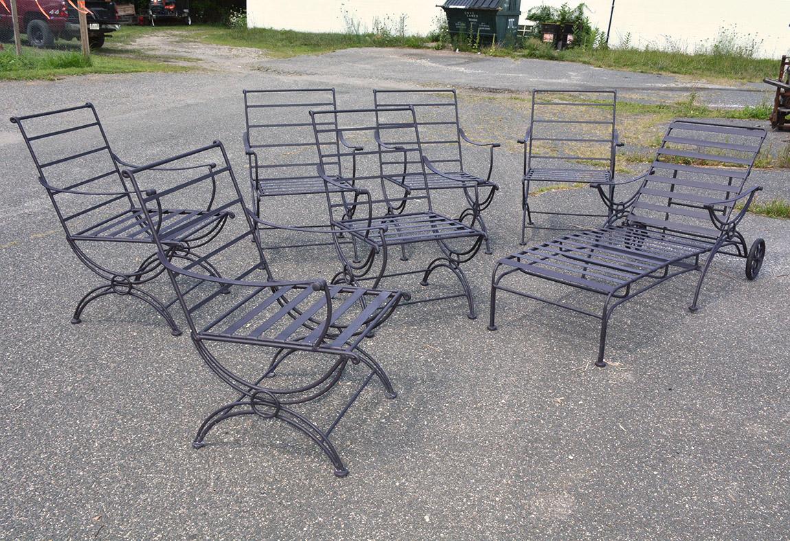 Set includes 6 arm chairs and 1 chaise lounge. Seats and back have flexible black straps for added comfort. Chaise lounge has wheels. Chairs approx 34.5 inches in height, 21 inches in width, 20 inches in depth. Chairs can be purchase without the