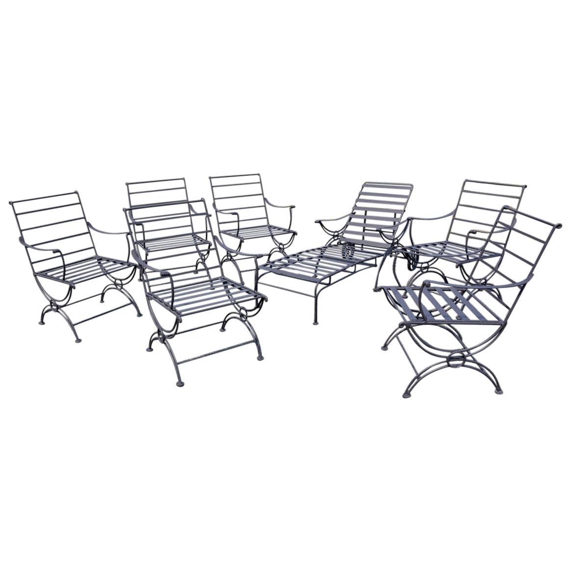 Group of 7-- 6 Metal Garden Dining Chairs and 1 Chaise Lounge