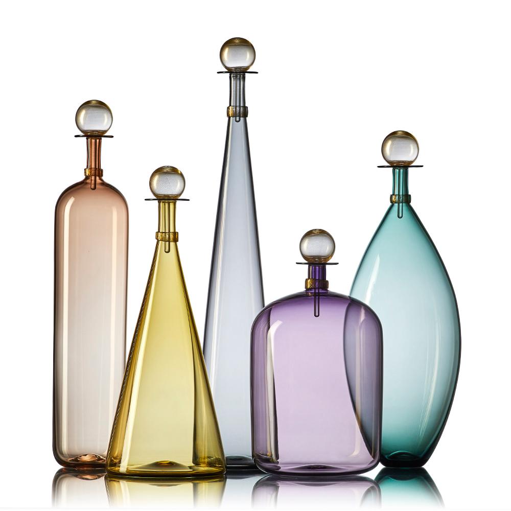 Hand-Crafted Group of 7 Modernist Hand Blown Glass Bottle Vases in Smoky Colors by Vetro Vero