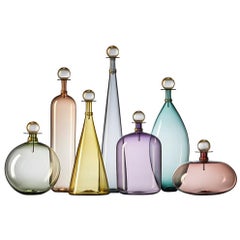 Group of 7 Modernist Hand Blown Glass Bottle Vases in Smoky Colors by Vetro Vero