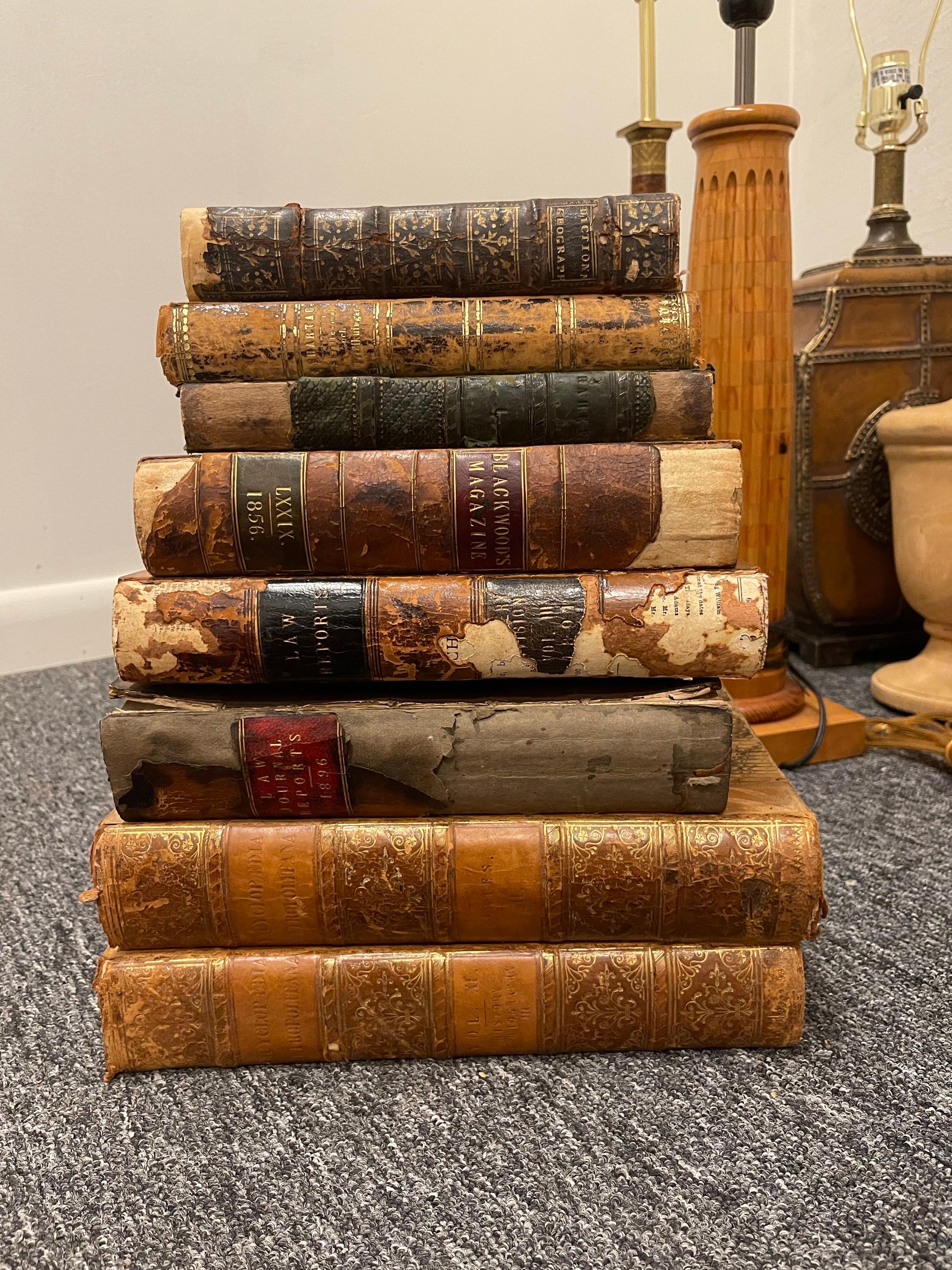 Paper Group of 8 Antique Leather Bound Books, 19th Century For Sale