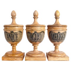 Groupe de 9 pots à pharmacie en bois de style Herbalist, Italie, 1870