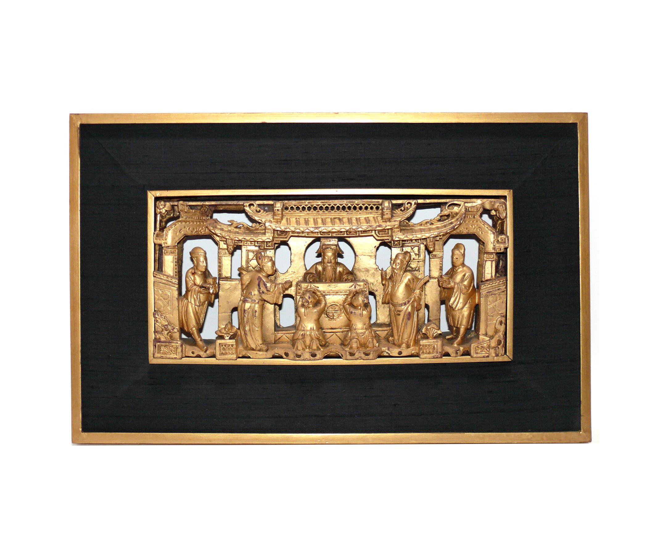 Chinese Group of Asian Hand Carved Gilt Wood Plaques  For Sale
