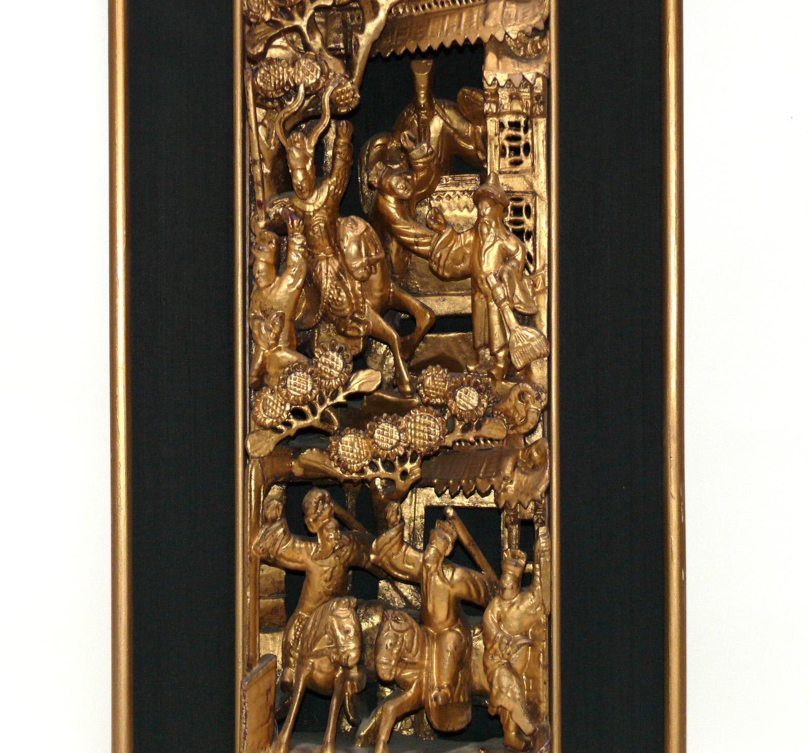 Brass Group of Asian Hand Carved Gilt Wood Plaques  For Sale