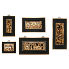 Group of Asian Hand Carved Gilt Wood Plaques 