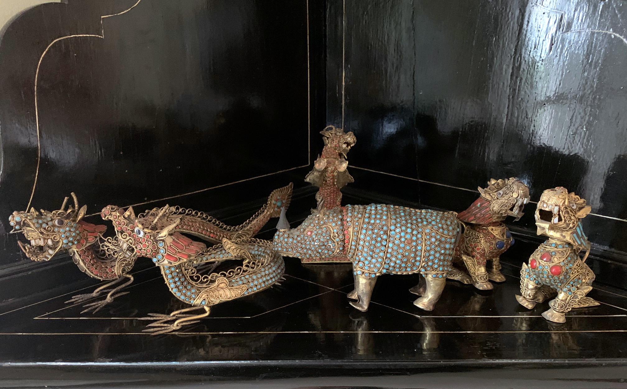 Group of Brass Filigree Animal Figures with Stone Inlays Himalayan Region 9