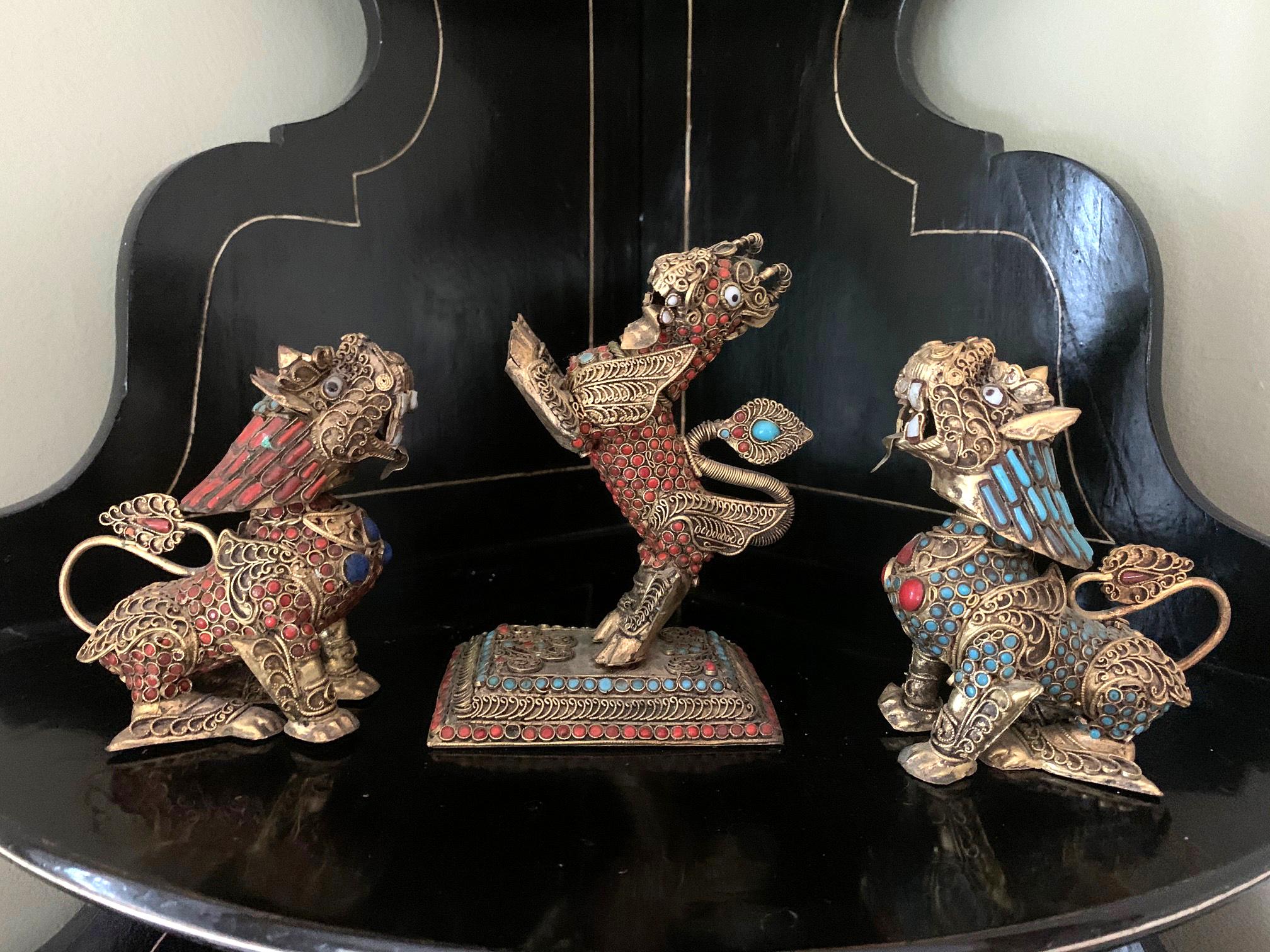 20th Century Group of Brass Filigree Animal Figures with Stone Inlays Himalayan Region