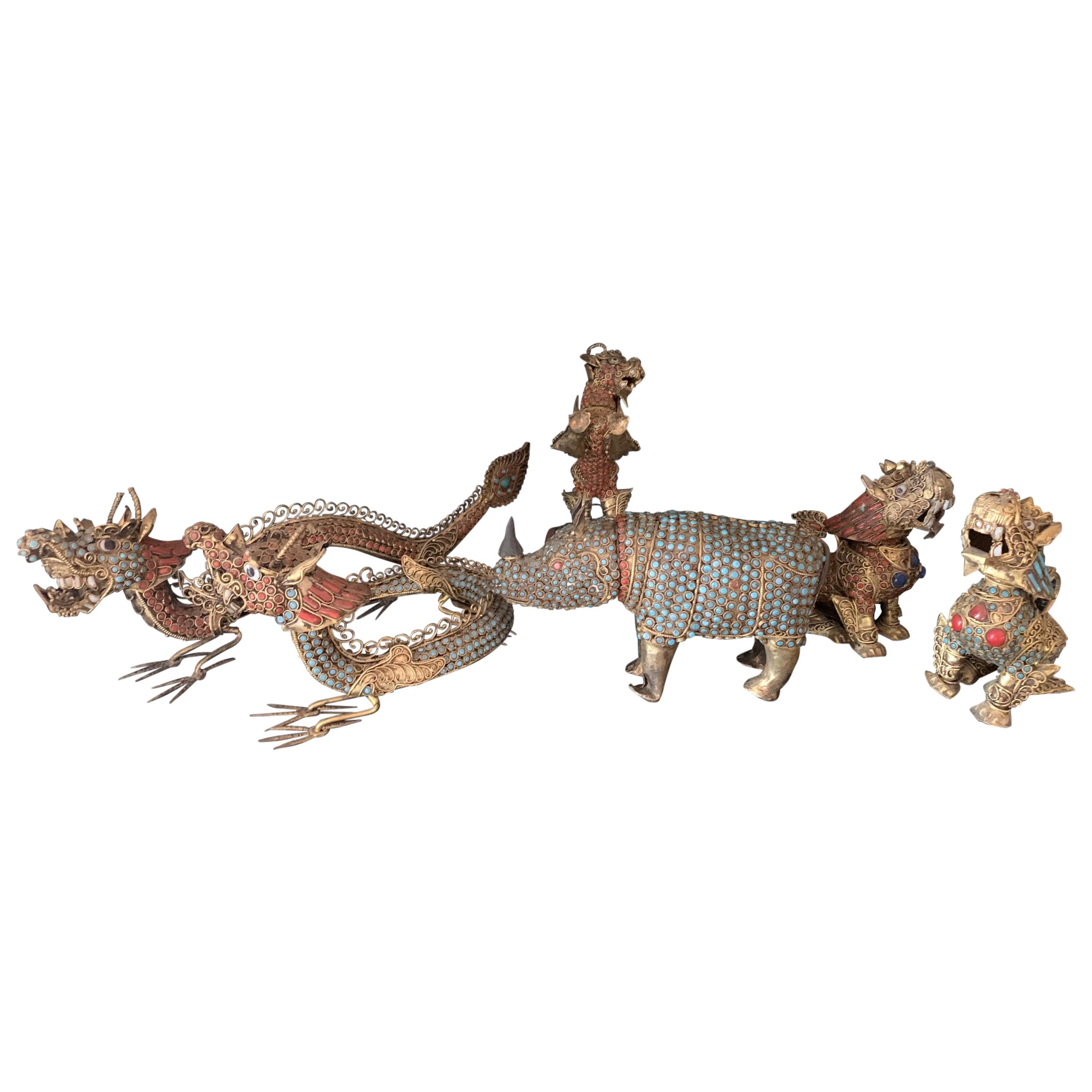 Group of Brass Filigree Animal Figures with Stone Inlays Himalayan Region