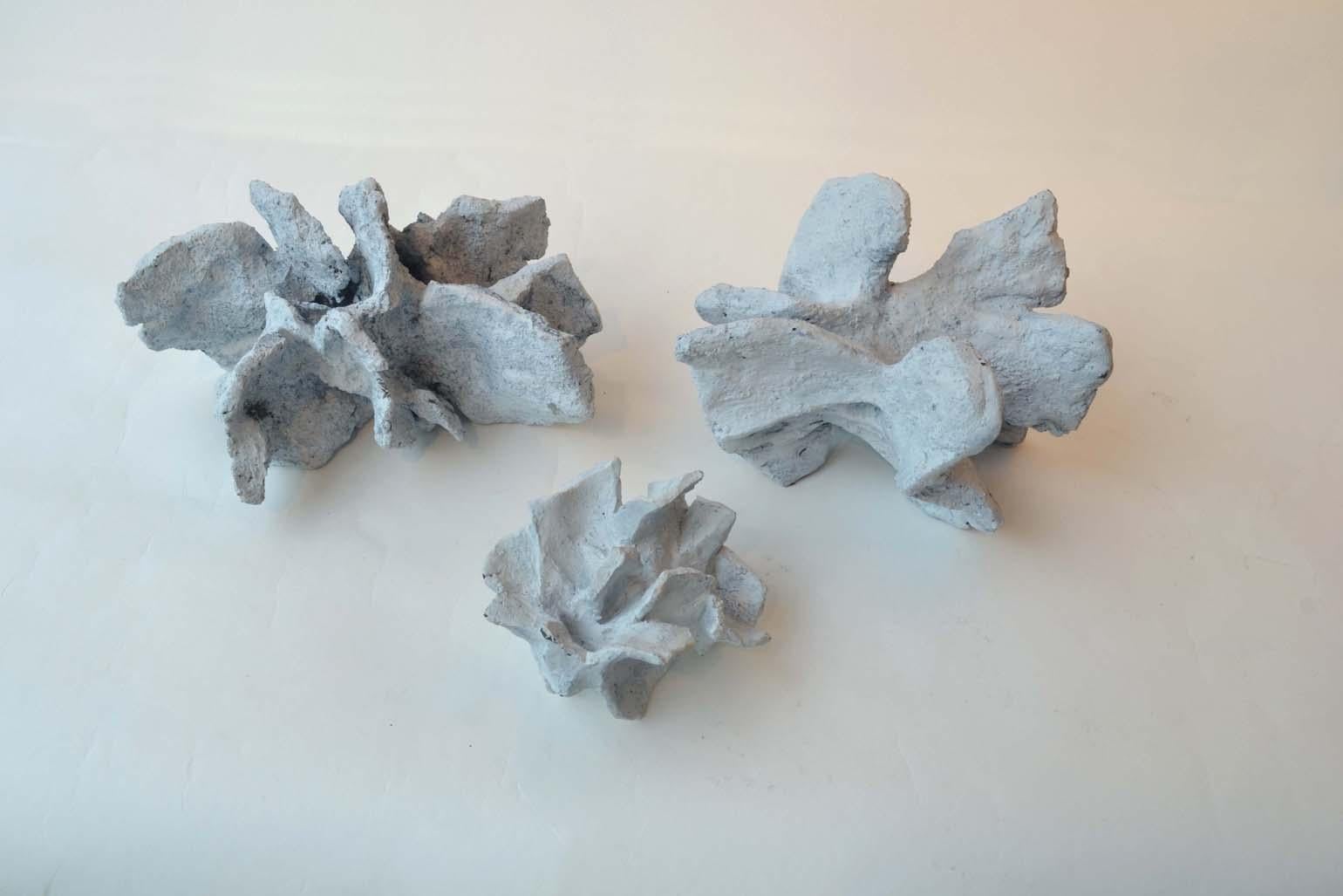 These hand formed ceramic sculptures resemble white cliffs on the British coast line. They are hand-sculpted ceramic, chalk-white washed after firing.
Blow's work echoes a voyage of discovery in not just the visible natural world of trees, rocks