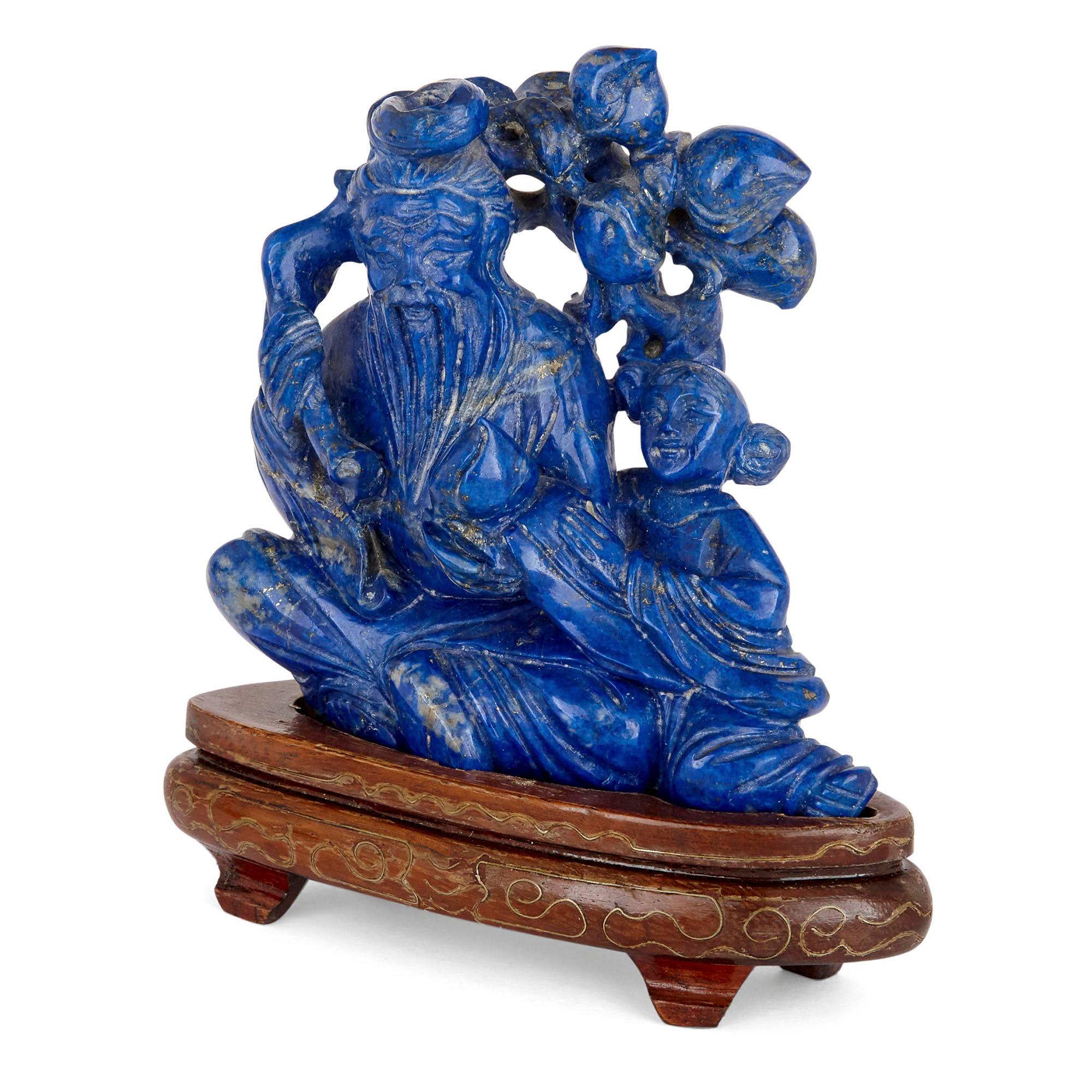 The six carved lapis lazuli pieces in this set depict various deities and entities special to the Hindu and Buddhist faiths. Three pieces portray the Hindu god Ganesha, while another depicts the Buddha. A fifth piece represents a rabbit, while the