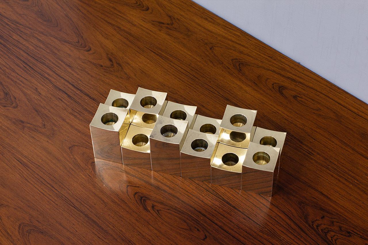 Scandinavian Modern Group of Cubic Solid Brass Candlesticks by Gusum Metallslöjden, Sweden For Sale