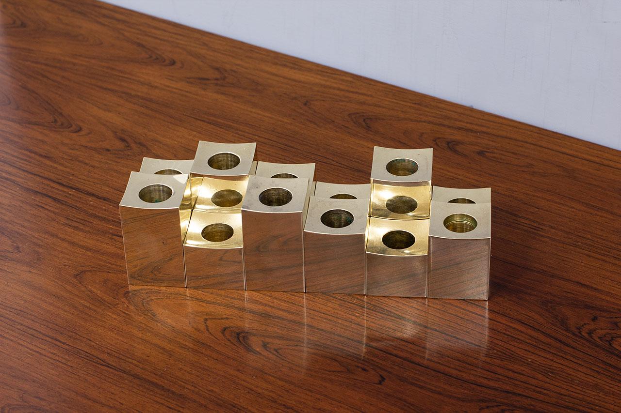 Swedish Group of Cubic Solid Brass Candlesticks by Gusum Metallslöjden, Sweden For Sale
