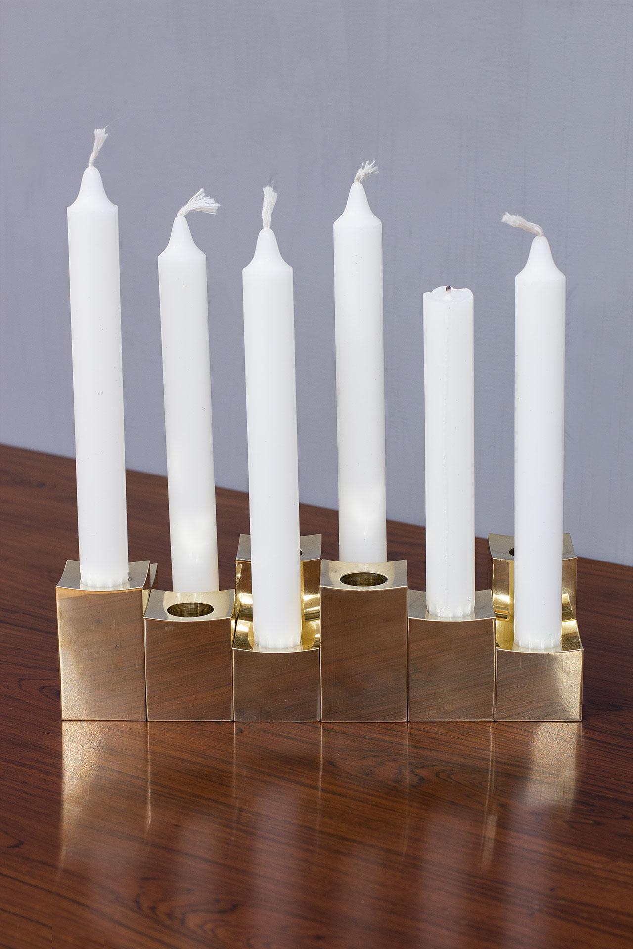 Polished Group of Cubic Solid Brass Candlesticks by Gusum Metallslöjden, Sweden For Sale