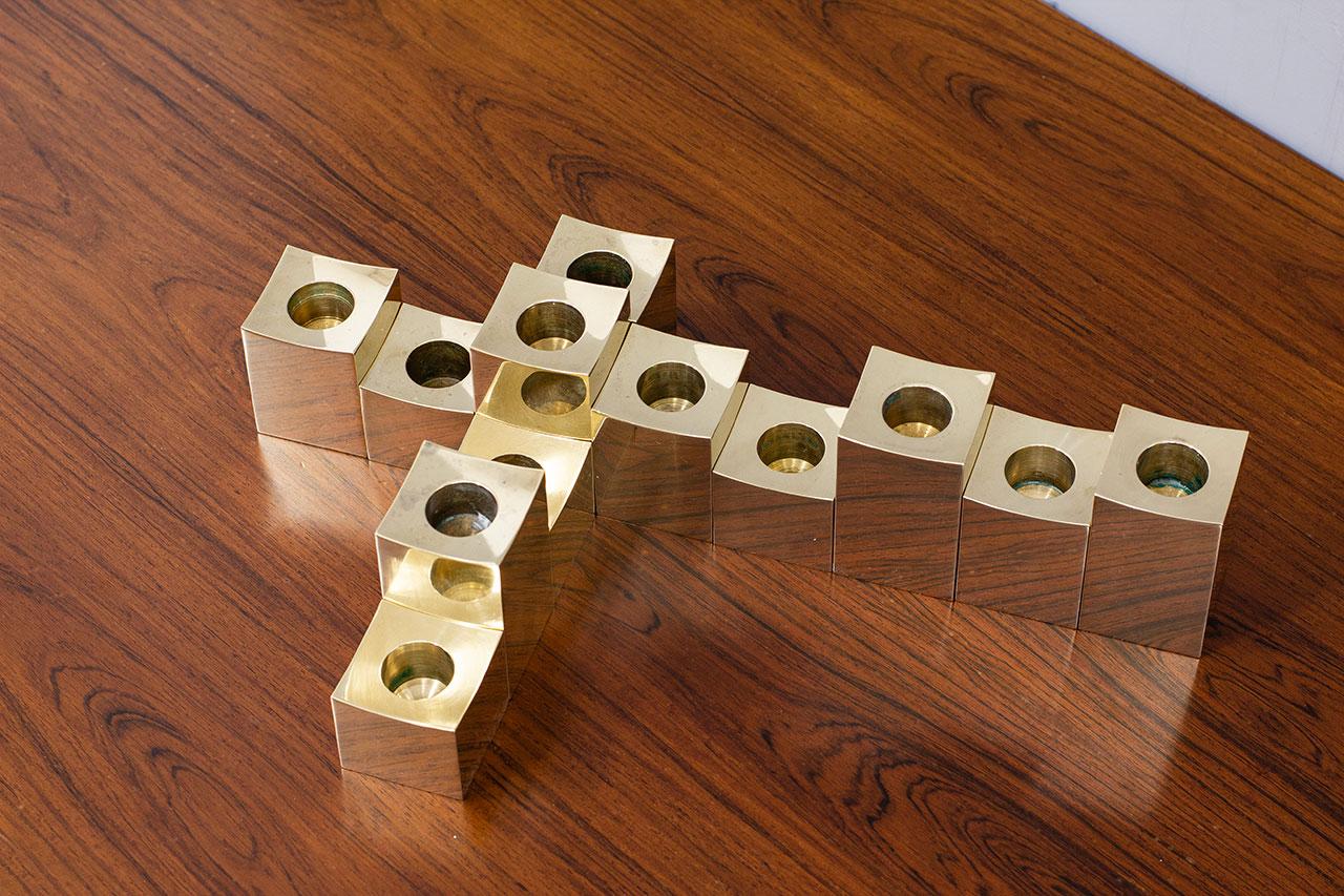 Group of Cubic Solid Brass Candlesticks by Gusum Metallslöjden, Sweden In Good Condition For Sale In Stockholm, SE