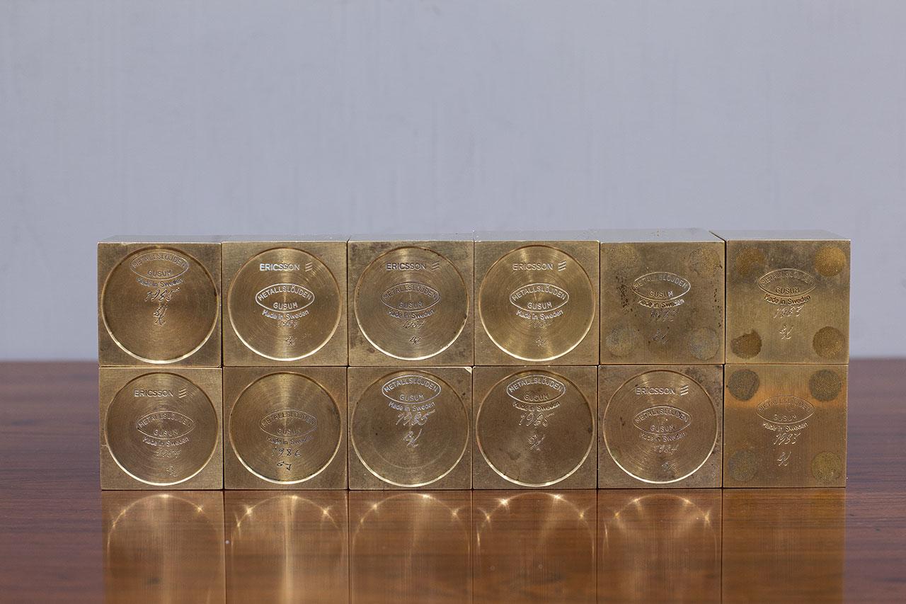 Group of Cubic Solid Brass Candlesticks by Gusum Metallslöjden, Sweden For Sale 2