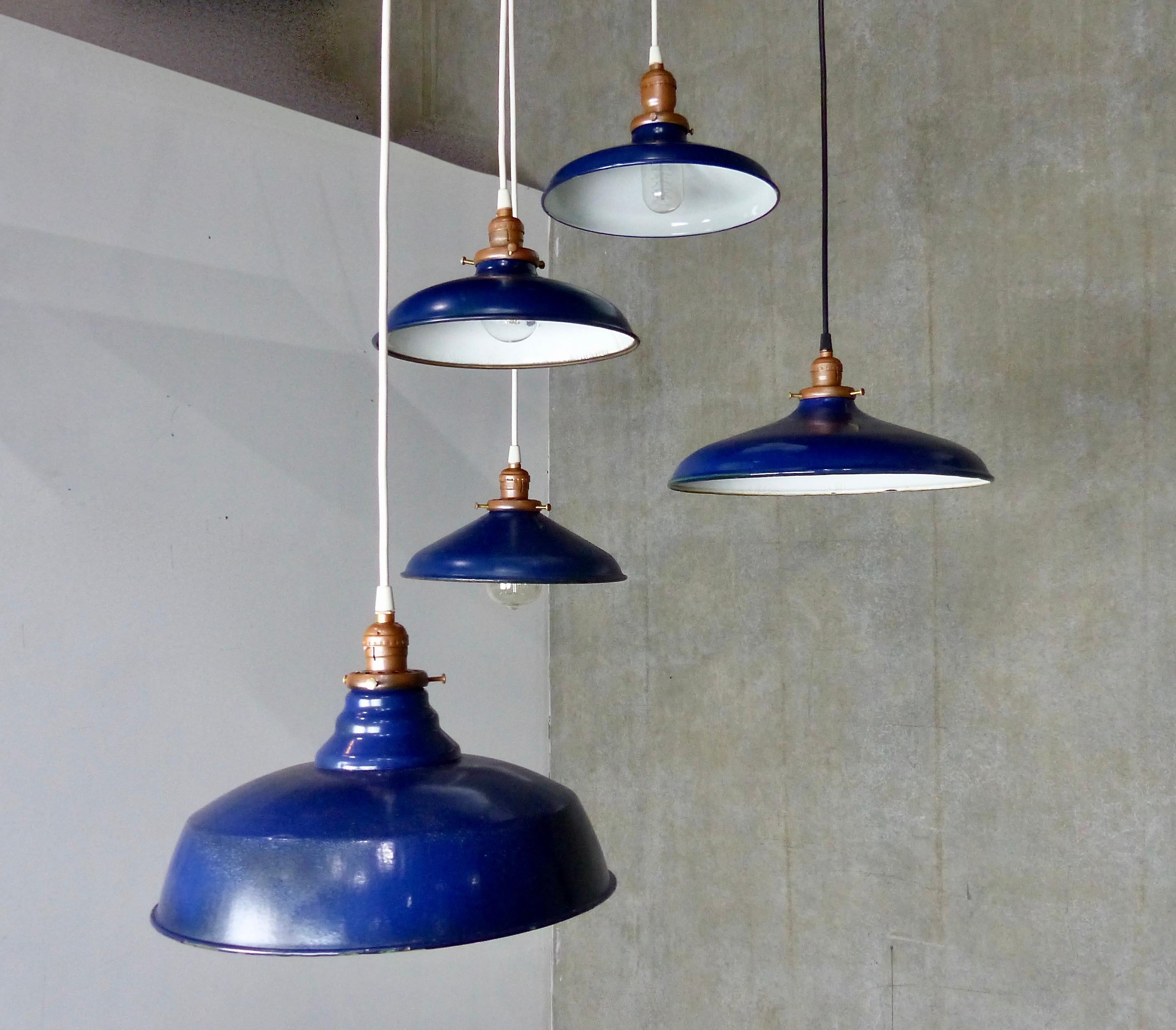 American Group of Five 1930 Blue Enamel Industrial Pendant Lights