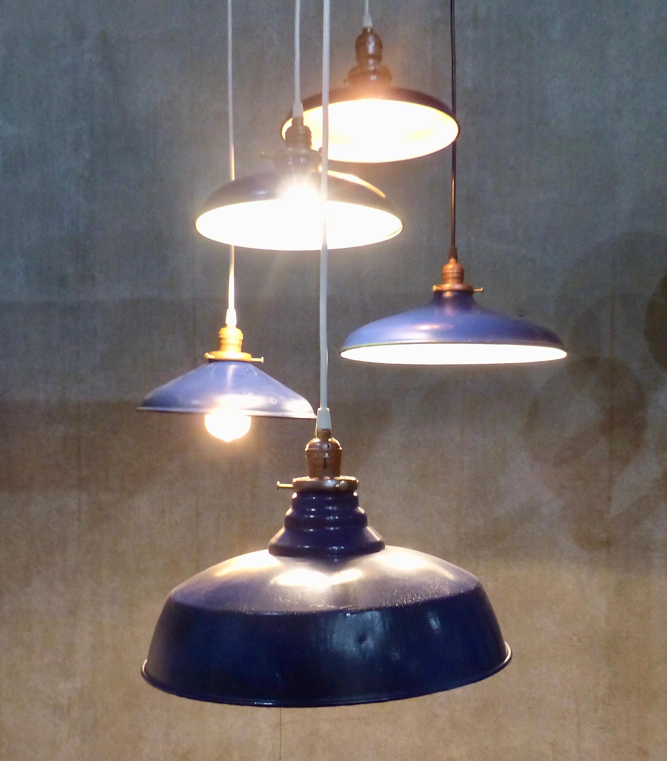 Group of Five 1930 Blue Enamel Industrial Pendant Lights In Good Condition In Surrey, BC