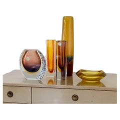 Group of Five Amber Glass Vases and Bowl
