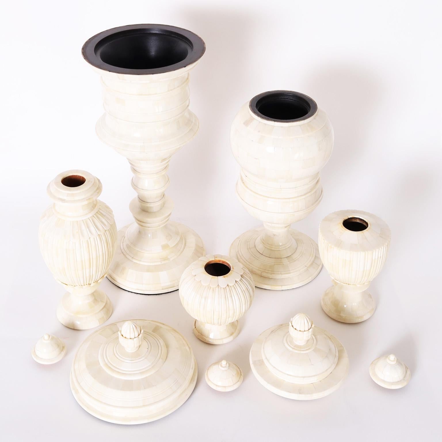 British Colonial Group of Five Anglo Indian Style Lidded Bone Urns, Priced Individually
