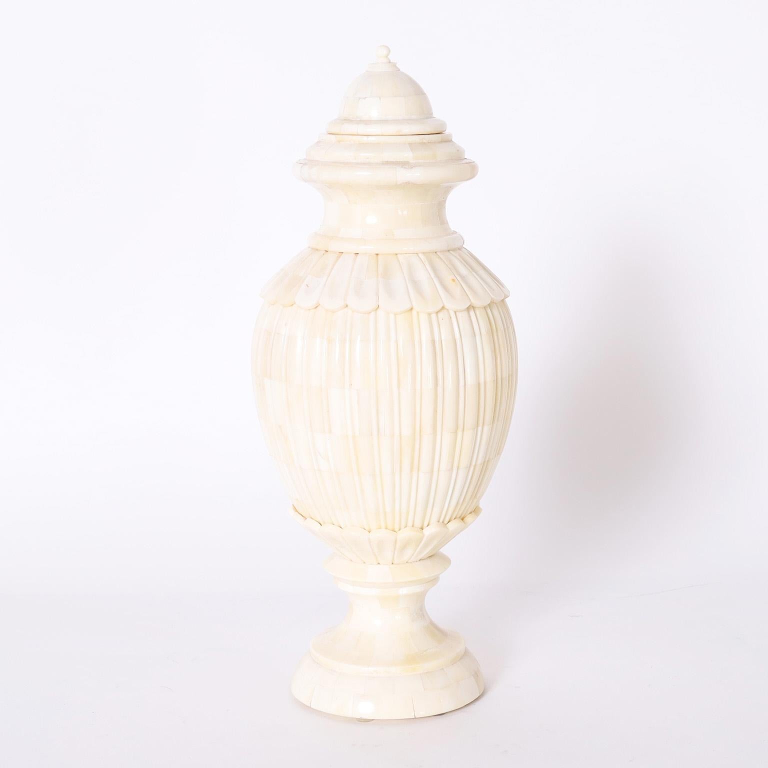 Carved Group of Five Anglo Indian Style Lidded Bone Urns, Priced Individually
