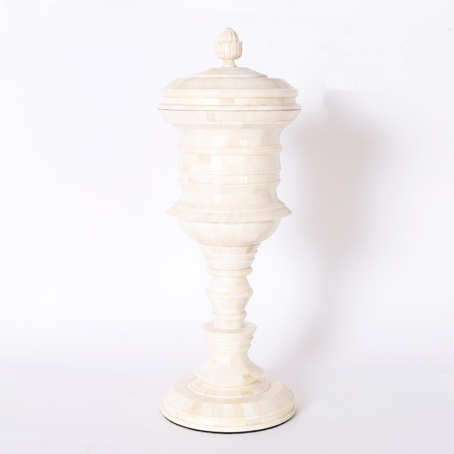 20th Century Group of Five Anglo Indian Style Lidded Bone Urns, Priced Individually