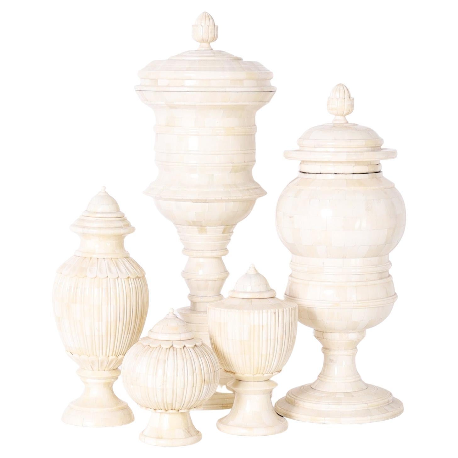 Group of Five Anglo Indian Style Lidded Bone Urns, Priced Individually