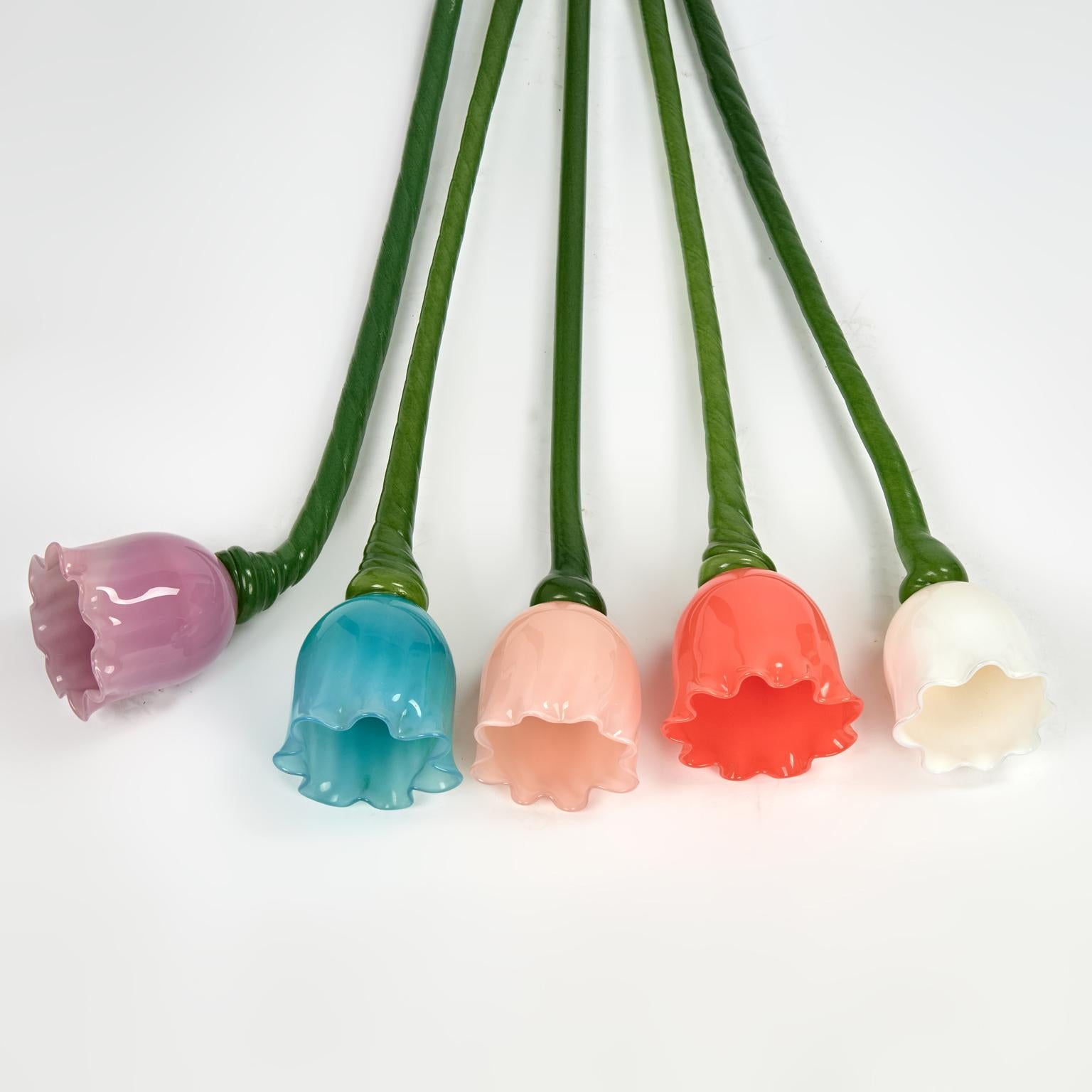 Un gruppo accattivante di cinque fiori soffiati a mano con steli verdi e fiori di colori assortiti. Firmato S B Coon.

Il fiore più lungo misura H: 28 DM 4
Il fiore più corto misura H: 22 DM 4