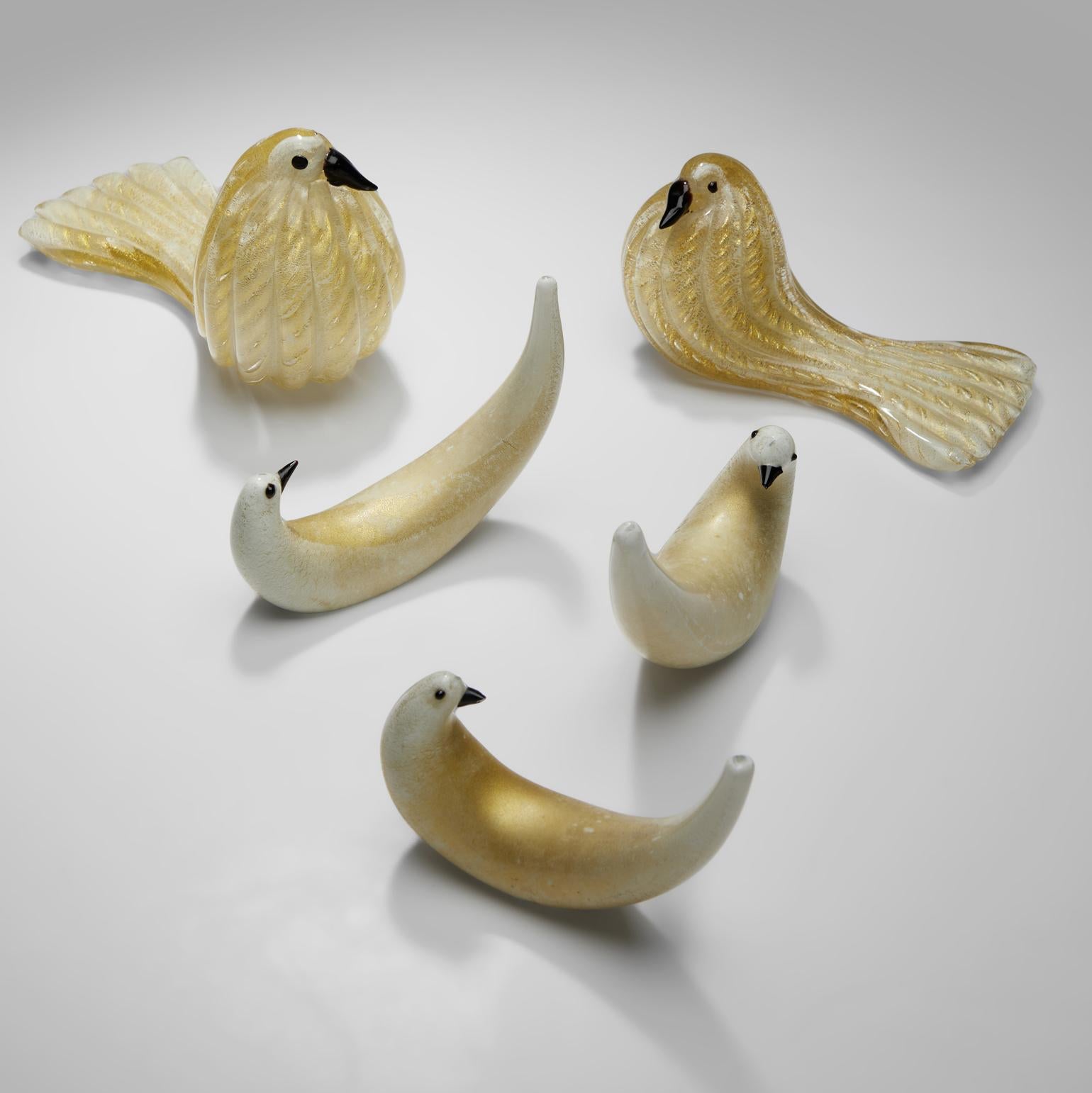 Mid-20th Century Group of Five Bird Sculptures in Gold Leaf Glass Barovier & Toso For Sale