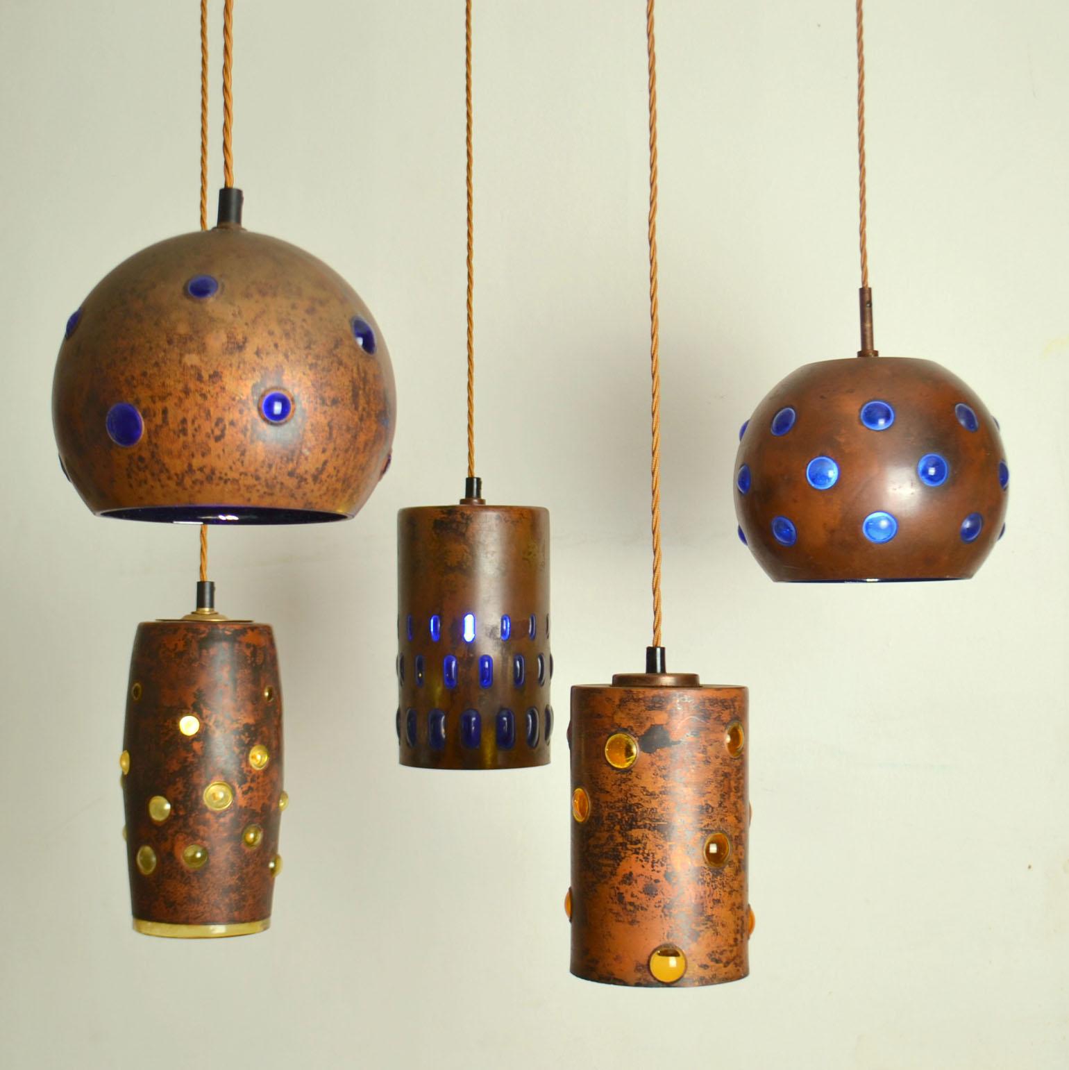 Mid-Century Modern Group of Five Copper and Glass Pendant Lamps by Nanny Still for Raak