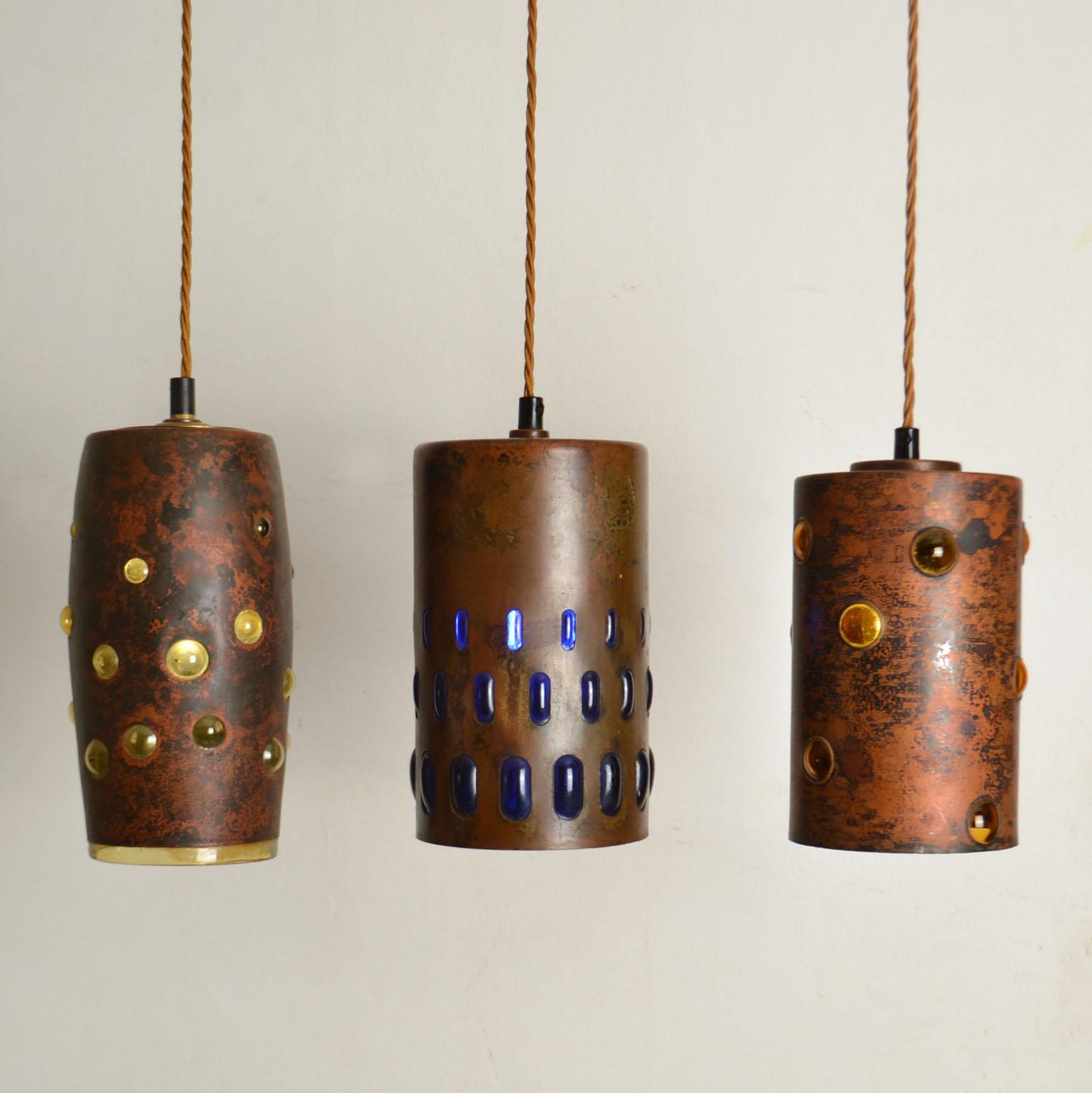 Dutch Group of Five Copper and Glass Pendant Lamps by Nanny Still for Raak