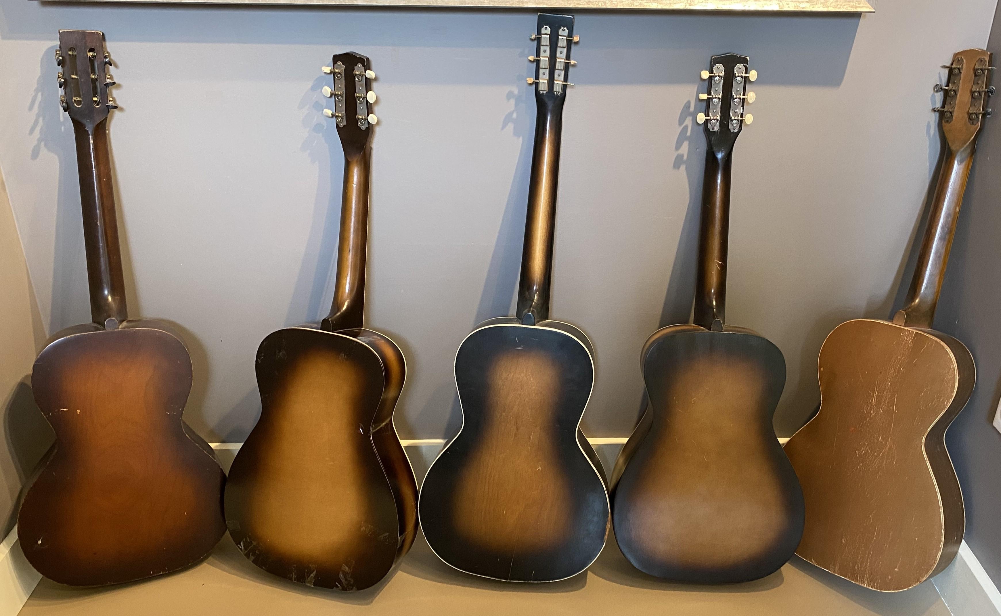 Hand-Carved Group of Five Cowboy Acoustic Guitars Including Gene Autry Melody Ranch c 1940's For Sale