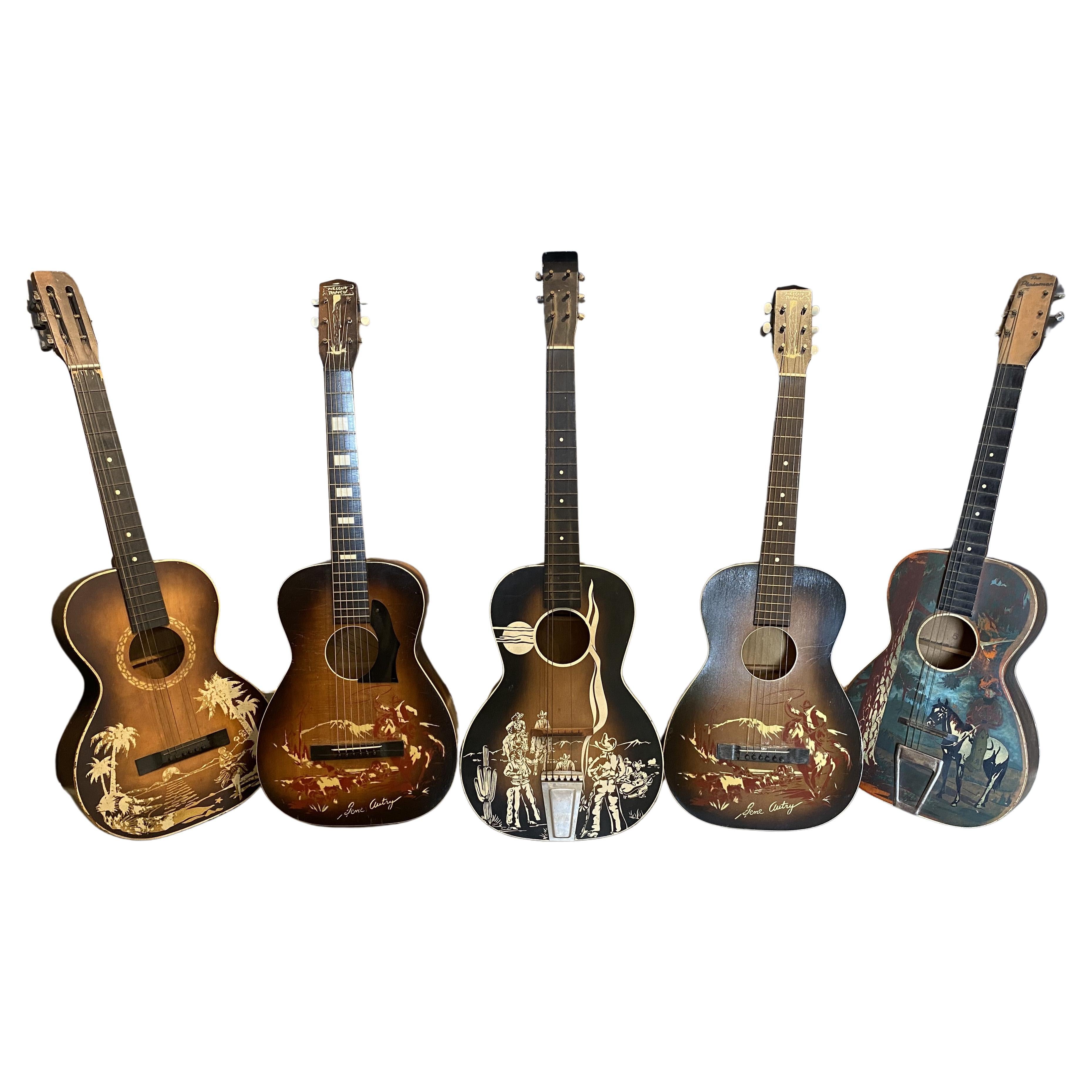 Group of Five Cowboy Acoustic Guitars Including Gene Autry Melody Ranch c 1940's