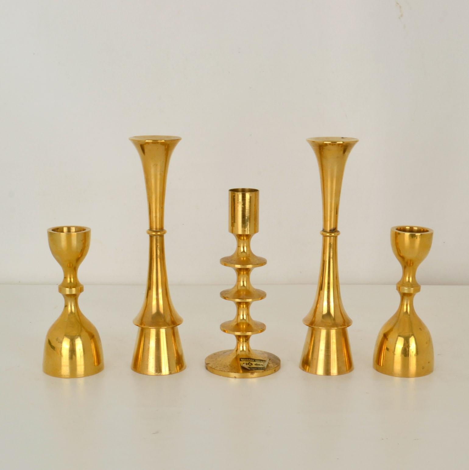 Scandinavian Modern Group of Five Danish Brass Candle Holders For Sale