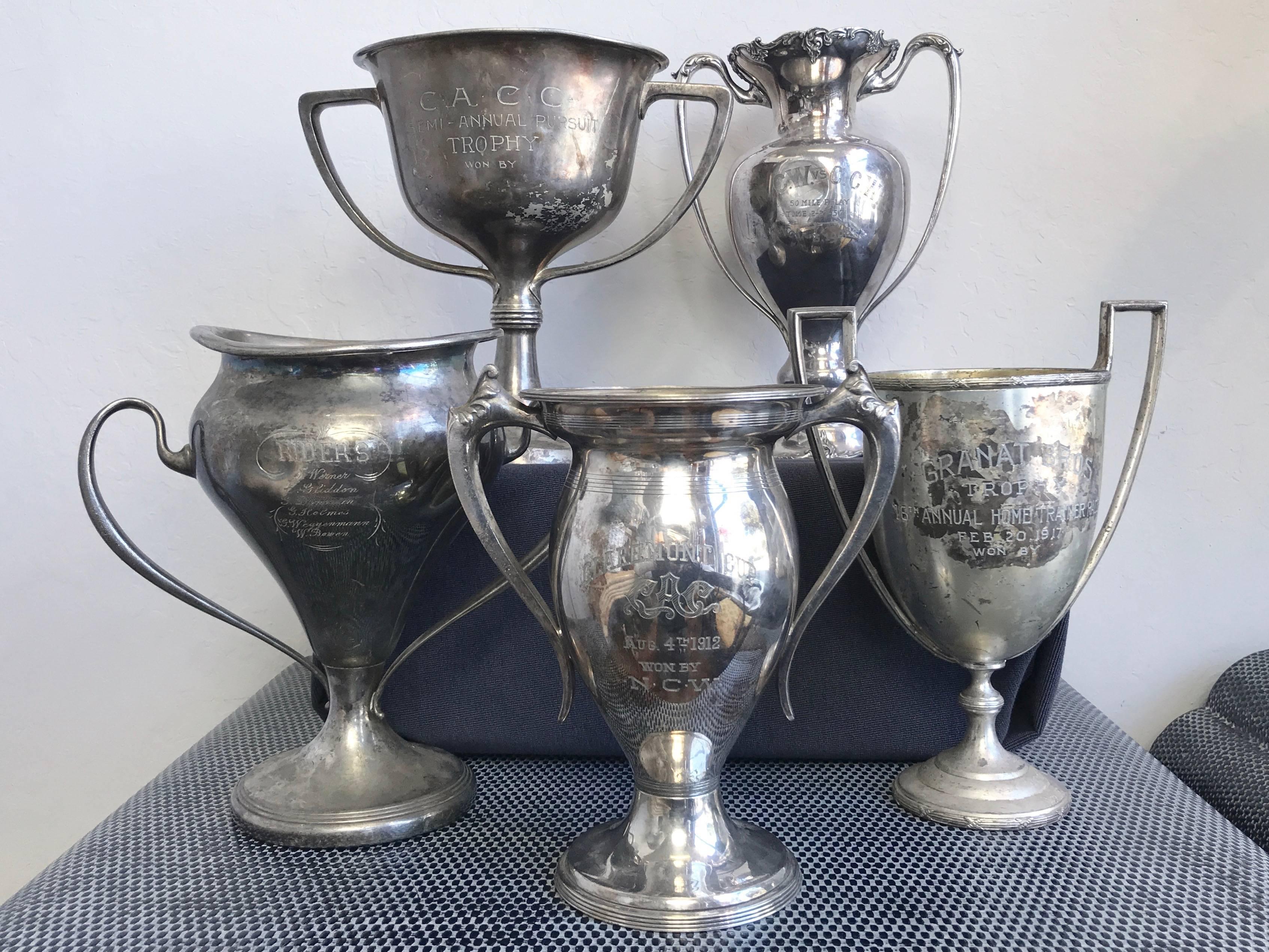 An historically important grouping of five Bay Area, California, silverplate cycling club trophies dating from 1908 to 1917.

A handsome collection of bicycle racing memorabilia, and a testament to San Francisco’s and its nearby cities’ indomitable