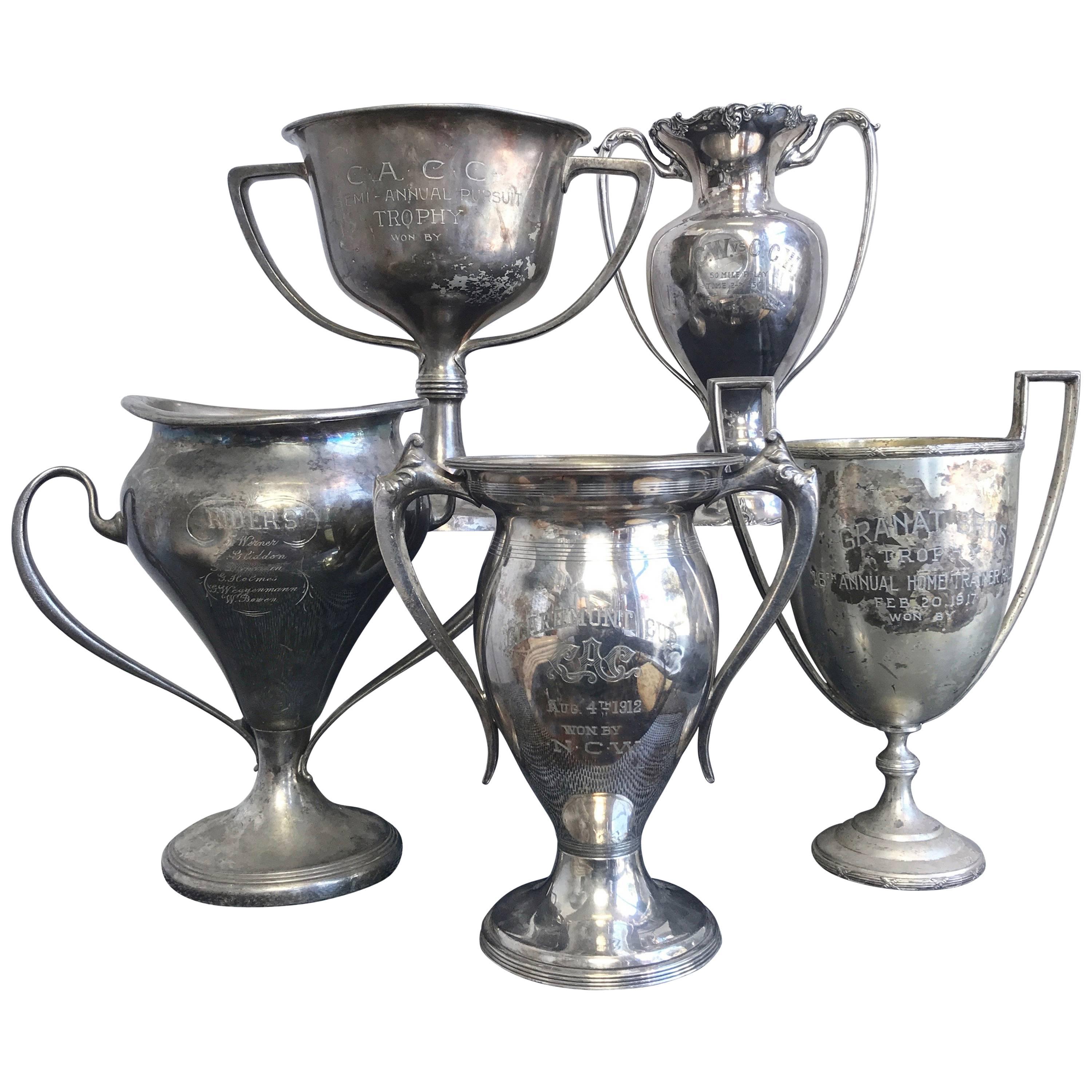 Group of Five Early 1900s California Bay Area Silverplate Cycling Trophies