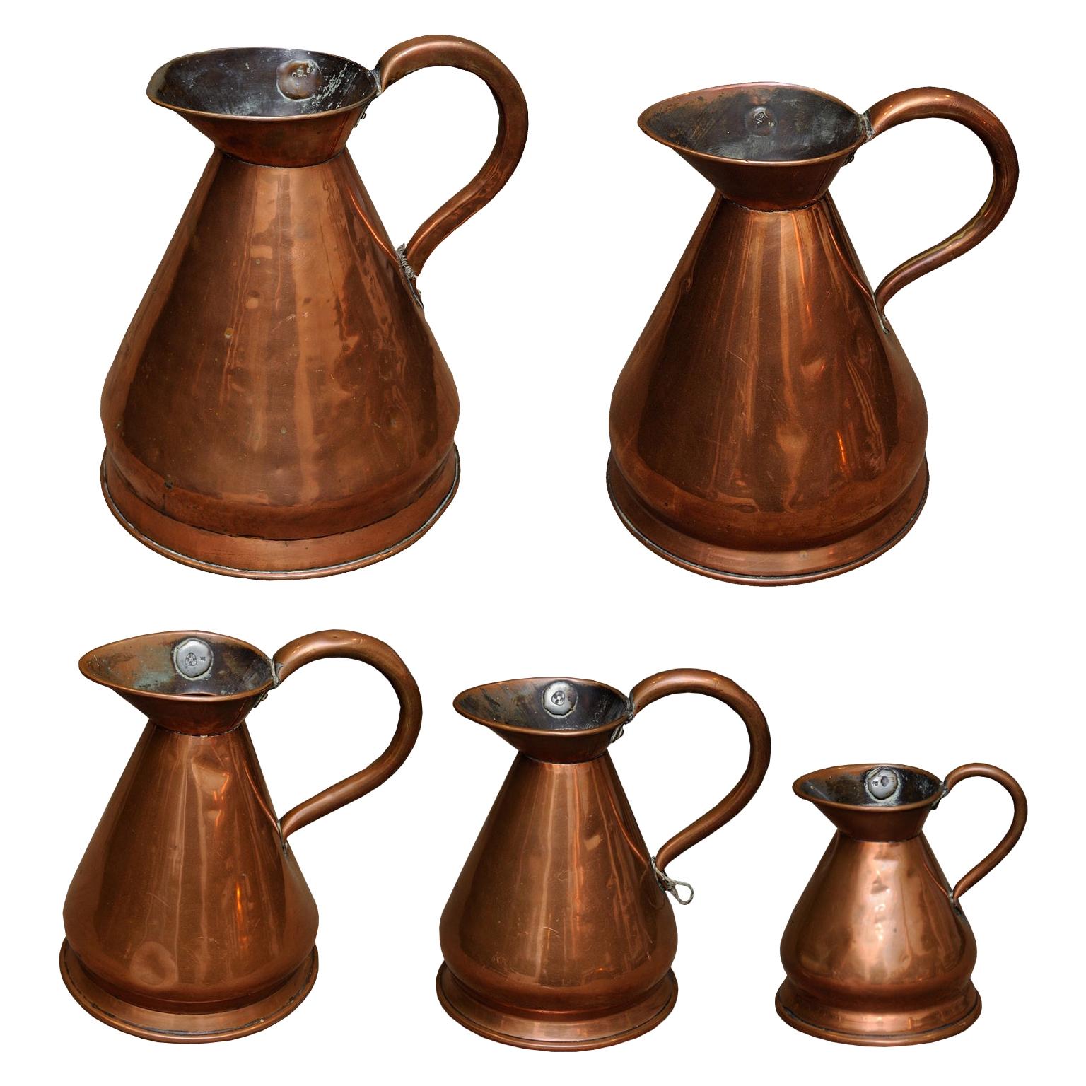 Group of Five English Georgian Copper Ale/Beer Measures, circa 1820 For Sale