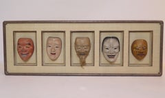 Group of Five Life Size Carved and Painted Japanese Kabuki Theatre Masks