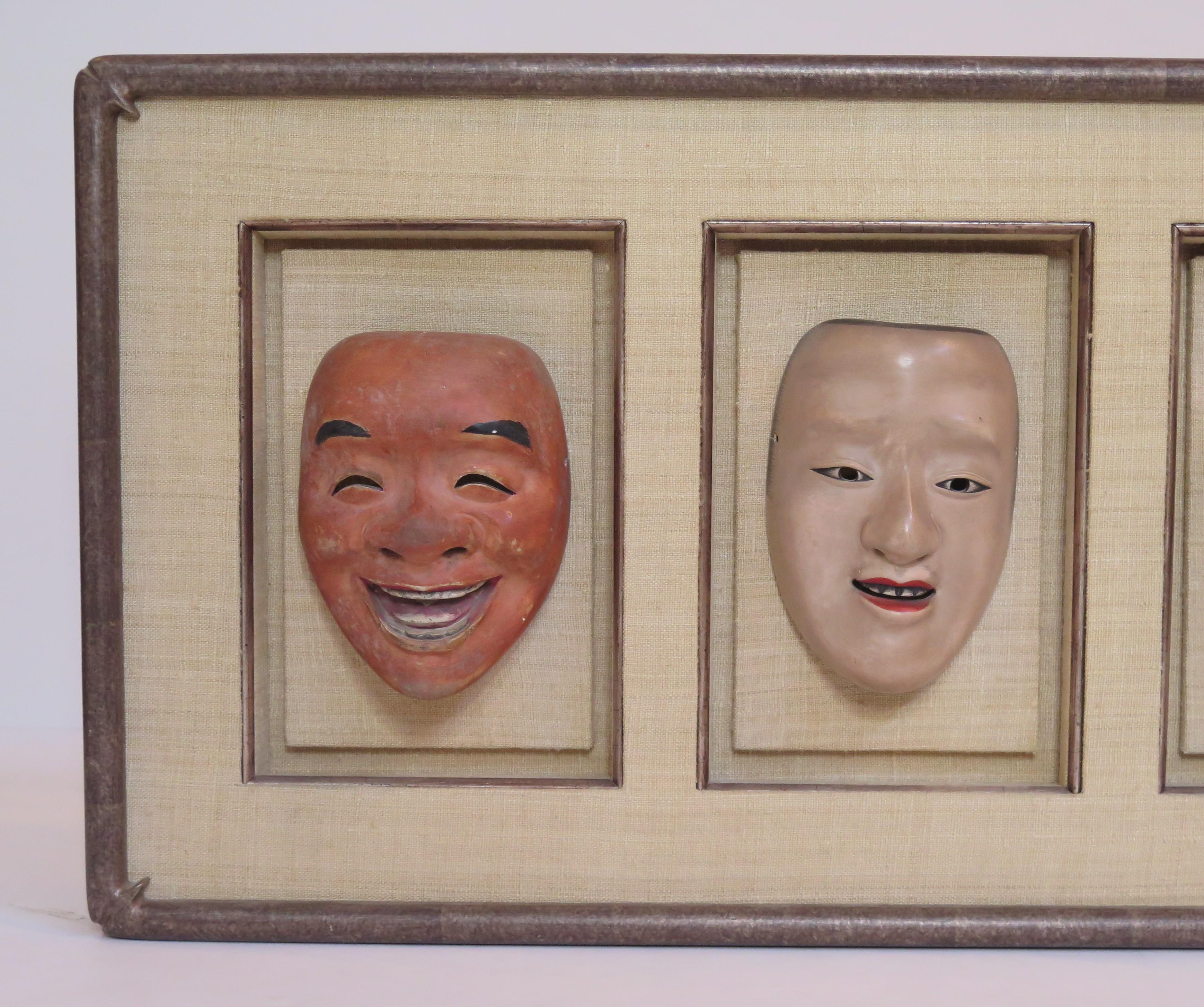 Anglo-Japanese Group of Five Life Size Carved and Painted Japanese Kabuki Theatre Masks