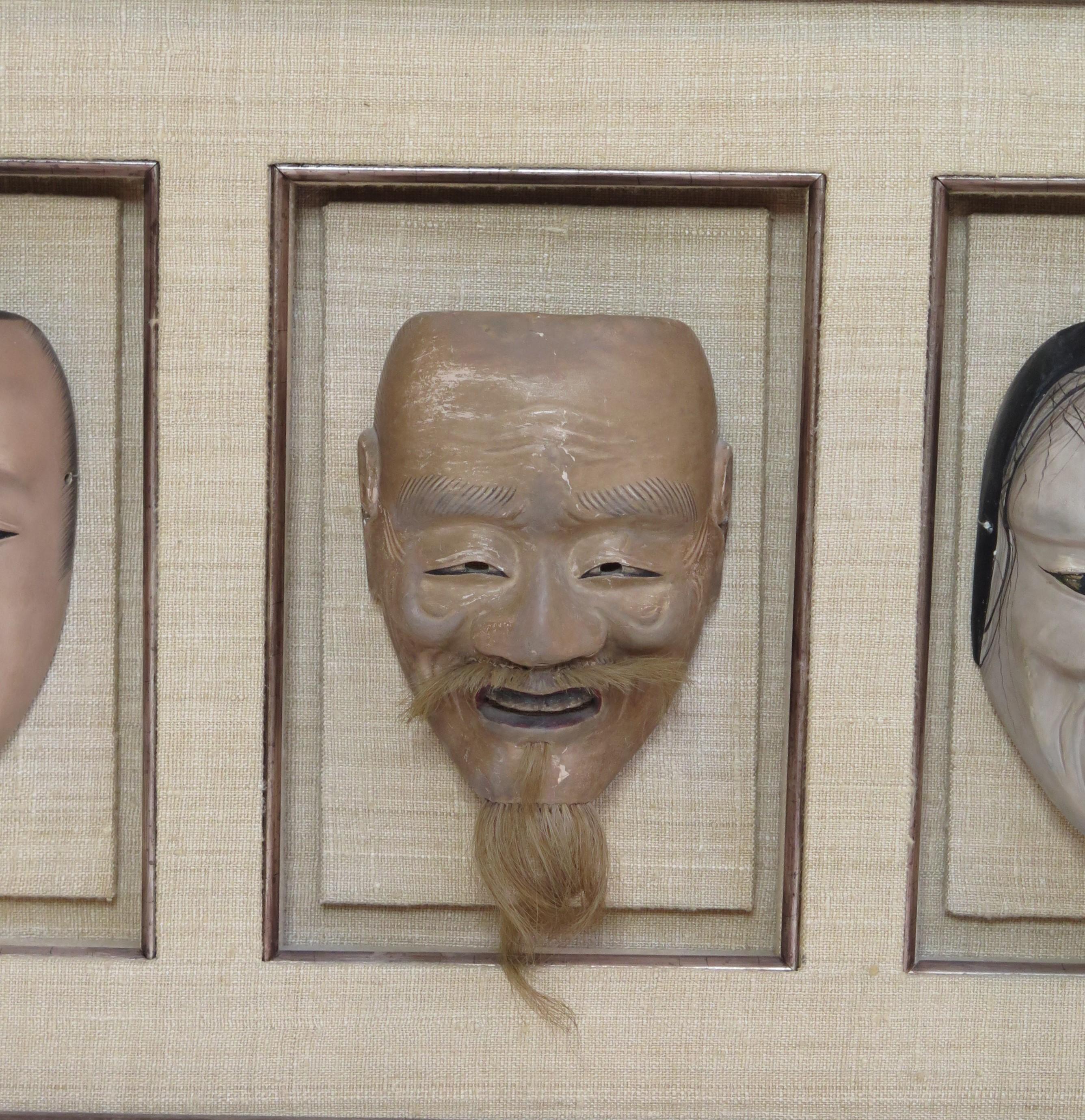 Group of Five Life Size Carved and Painted Japanese Kabuki Theatre Masks In Good Condition In Dallas, TX